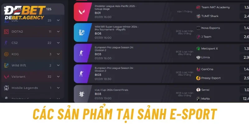 Các sản phẩm giải trí được yêu thích nhất tại sảnh E-Sports Debet